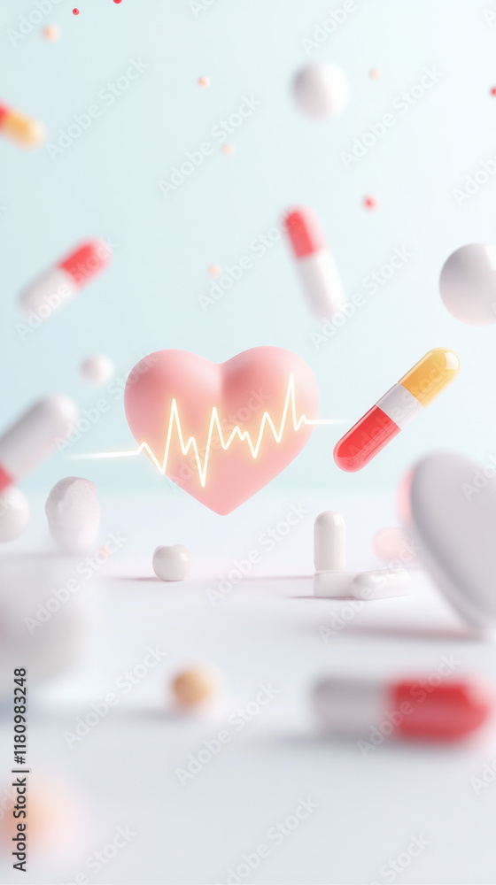 Poster heart symbol with heartbeat line surrounded by colorful capsules and pills, representing health and 