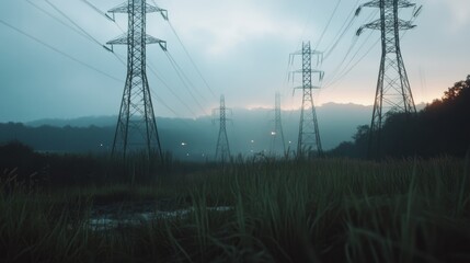 Fototapeta premium Tall power lines stretch across a foggy field at dawn, with the glow of the rising sun painting the misty sky in soft hues of blue and pink.