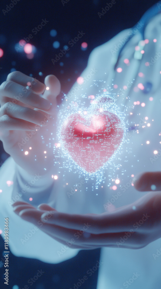 Aufkleber glowing heart symbol surrounded by digital particles in hands