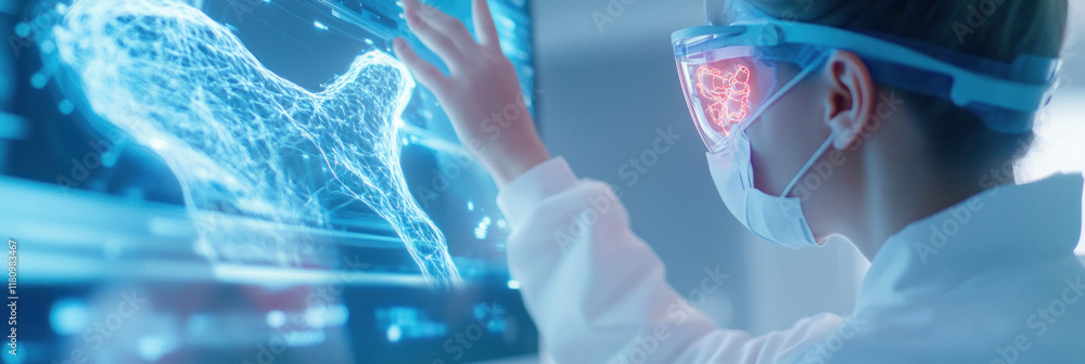Poster Innovative technology in healthcare with scientist using augmented reality glasses to analyze model of bone structure