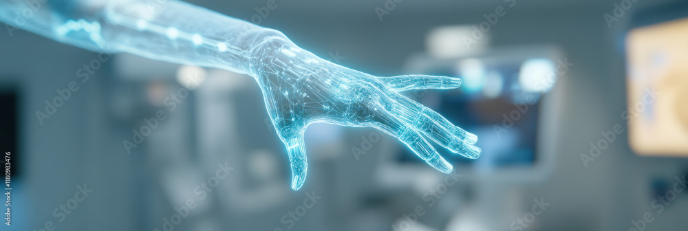 Poster futuristic robotic hand reaching out, showcasing advanced technology and design. scene conveys innov