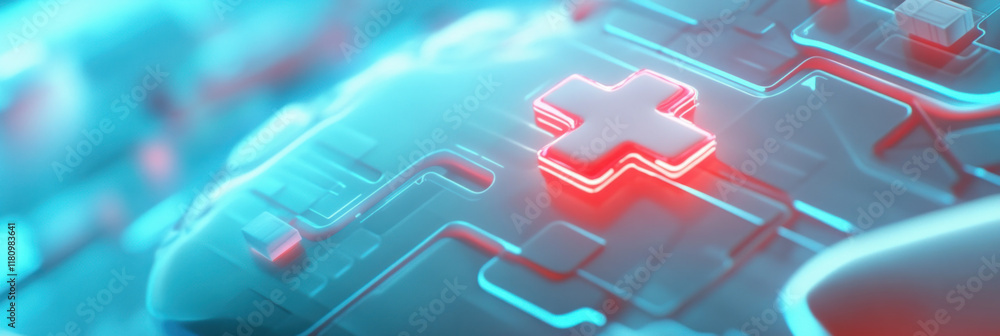 Poster futuristic medical technology with glowing red cross and circuit patterns