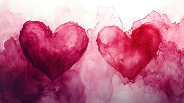 Abstract Watercolor Hearts on Soft Background in Vibrant Red Tones