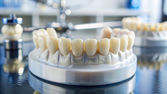 Dental ceramic bridge close-up of porcelain teeth