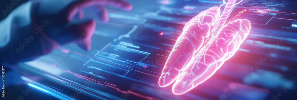 Aufkleber futuristic digital representation of human lungs with holographic interface, showcasing advanced med