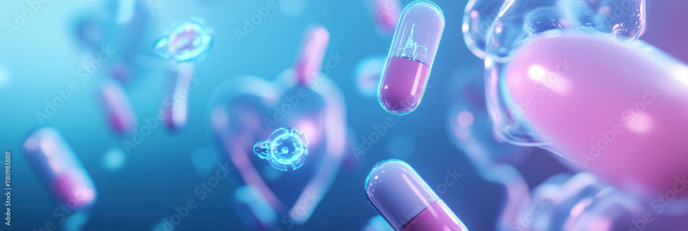 Poster digital illustration of colorful capsules and molecular structures floating in vibrant background, s
