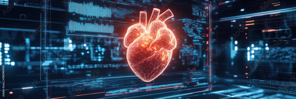 Poster glowing digital heart model surrounded by data and technology elements, symbolizing health and innov