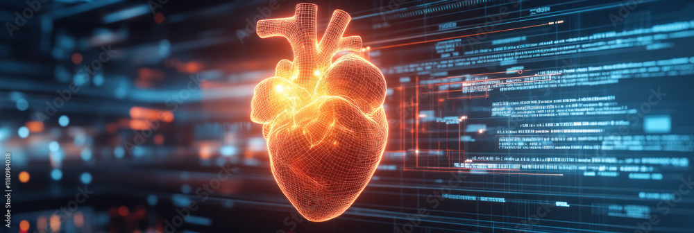 Aufkleber glowing heart model surrounded by digital data and technology