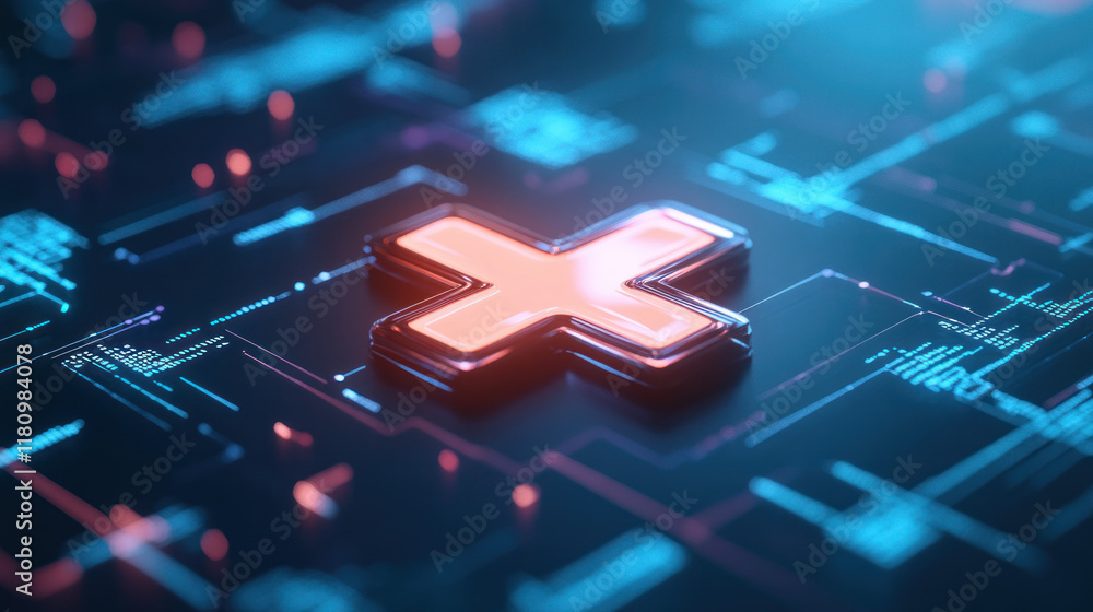 Poster glowing cross symbol on digital circuit background, representing technology and innovation
