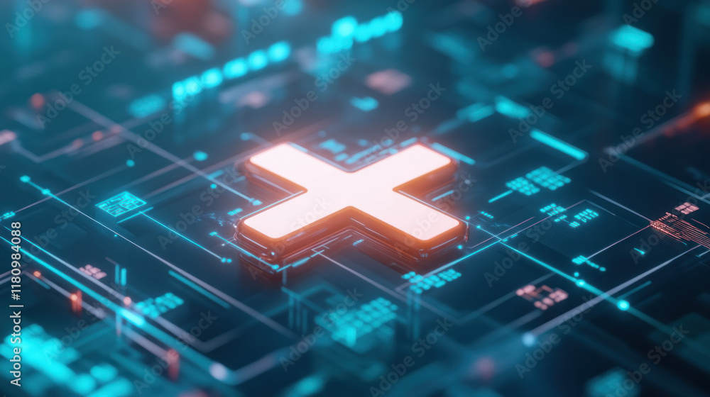 Poster futuristic digital cross symbol on glowing circuit board background