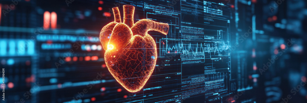 Poster glowing heart illustration with digital data background, symbolizing health and technology