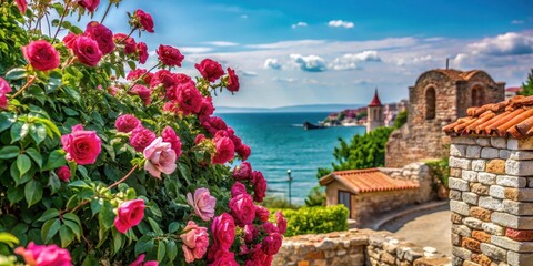 Beautiful rose bush in full bloom on a stone wall in Nessebar's old town with intricate Byzantine architecture and turquoise sea in background , flowers, turquoise sea