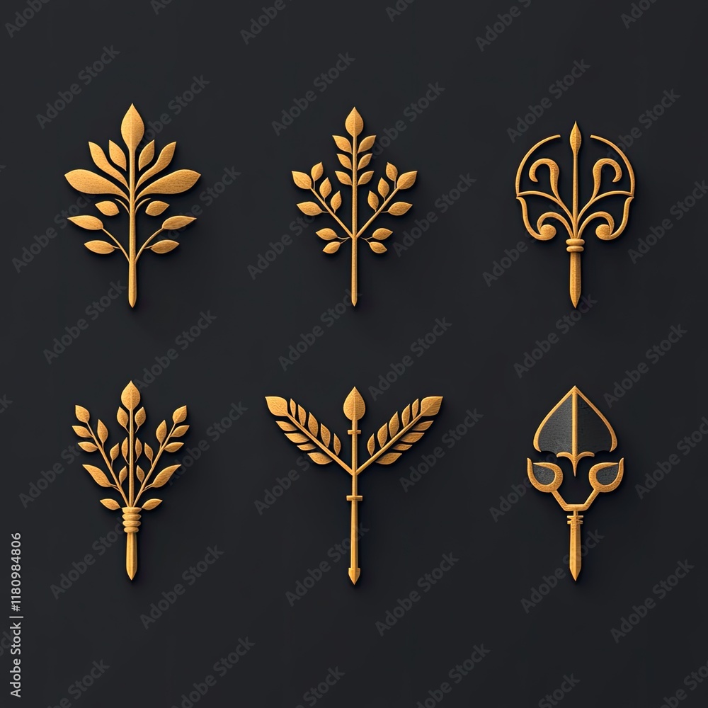 Aufkleber Golden Decorative Elements with Floral and Leaf Patterns on Dark Background for Elegant Design Projects