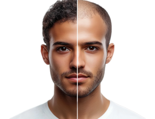  Front view portrait of an attractive man with a split hairstyle, showing dark brown hair on one side and baldness on the other.