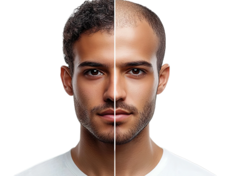  Front view portrait of an attractive man with a split hairstyle, showing dark brown hair on one side and baldness on the other.