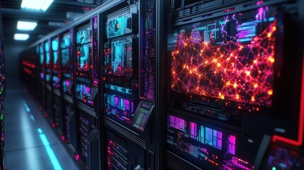 A futuristic server room with glowing screens and interconnected data visuals.