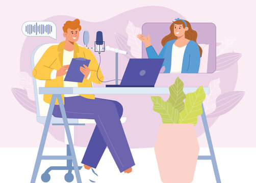 Podcast illustration with hosts in a studio setting, featuring dynamic interaction and modern recording tools.