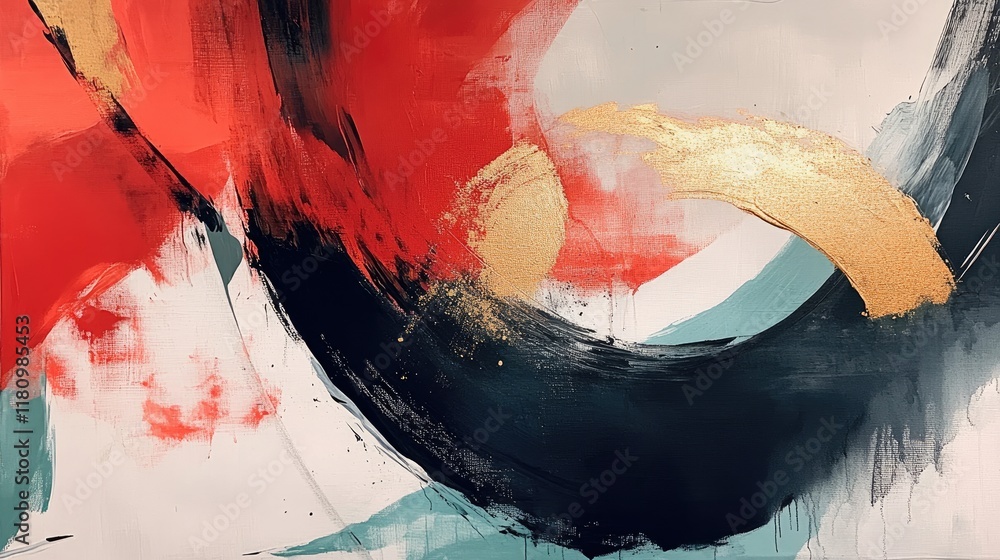 Poster a striking abstract painting with dynamic red and black strokes, accented with hints of gold for a d
