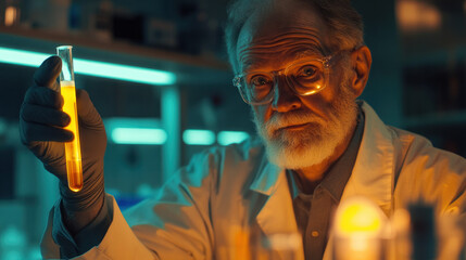 Obraz premium scientist in lab holds glowing test tube, showcasing his research. atmosphere is filled with curiosity and innovation