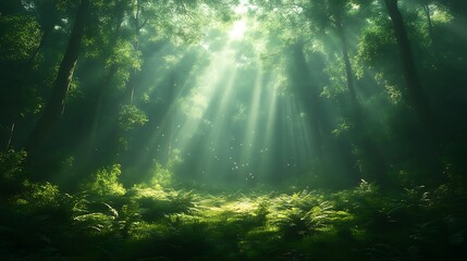 Obraz premium Sunbeams illuminate a mystical forest clearing.