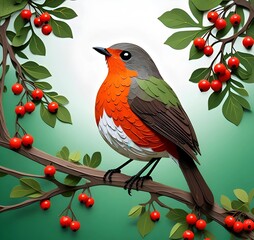 Papercut art of  Robin Bird Perched on Tree Branch with Red Berries and Green Leaves