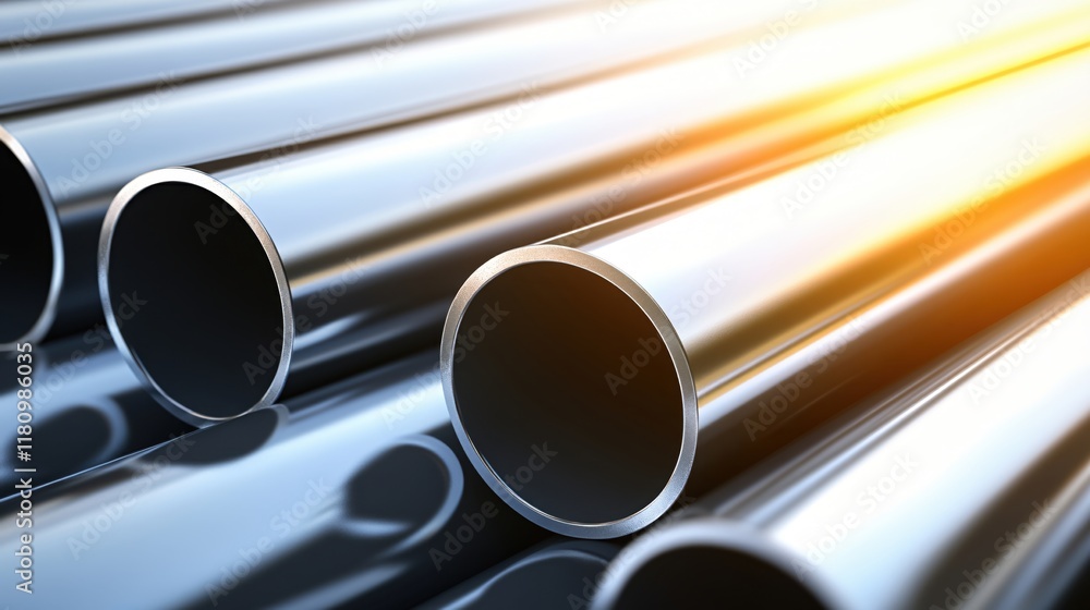Poster metallic tubes in a row reflecting light with a shiny surface and smooth edges