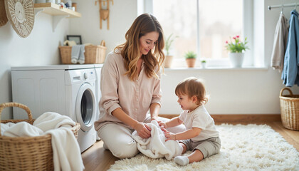 Mother and toddler playing with blanket in cozy laundry room