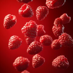 Falling raspberries on red background.