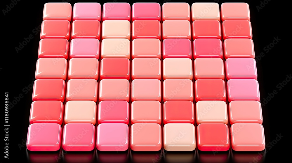 Poster colorful array of glossy square tiles in shades of pink and red on a reflective surface