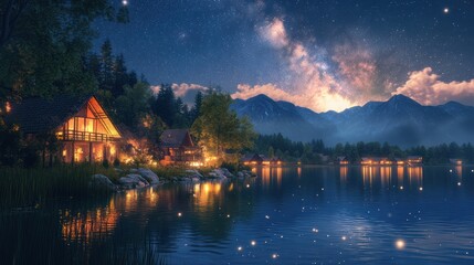 Fototapeta premium Night lake cabins, mountain starscape, tranquil scene, tourism