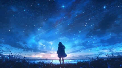 Anime girl gazing at the stars, standing in a field under a night sky
