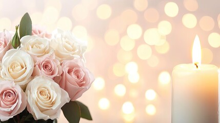 Romantic atmosphere with soft pink and white roses beside a lit candle in a dreamy bokeh background