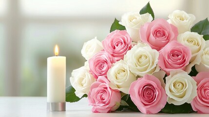 Elegant Pink and White Roses with a Flickering Candle in a Soft-Illuminated Setting