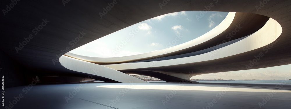 Poster an abstract building featuring open space and innovative design elements.
