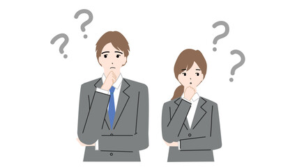 疑問を感じているスーツ姿の若い男女のイラスト