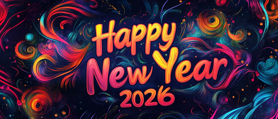 Metallic neon "Happy New Year 2026" text surrounded by vivid abstract swirls-4
