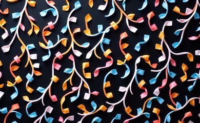 A vibrant abstract composition of intertwined ribbons adorned with colorful confetti, creating a festive and dynamic pattern.