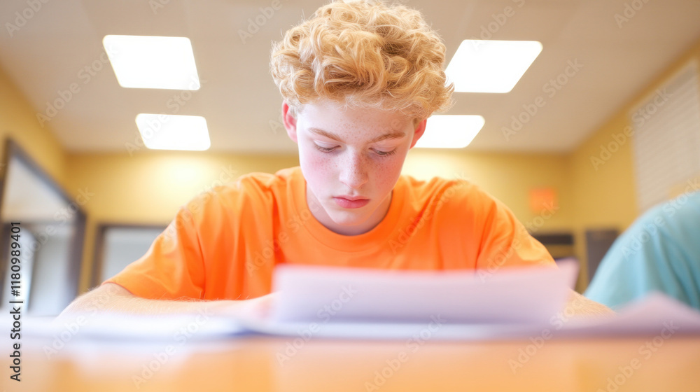 Poster focused teenager studying intently in bright classroom setting