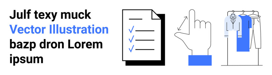 Obraz premium Checklist document with checkmarks, hand pointing with index finger, and clothes rack with garments. Ideal for task management, productivity apps, organization, workflow, daily tasks, planning
