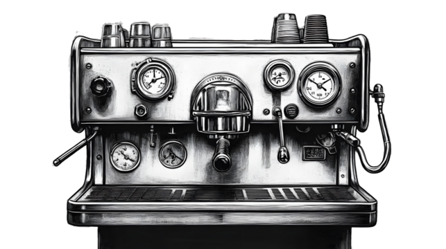 A black and white hand-drawn artistic representation of an espresso machine, featuring knobs and gauges. The detailed illustration showcases the mechanical design of the machine.