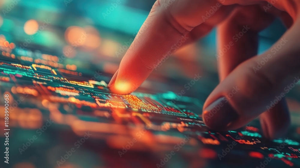 Poster Close-Up of Finger Touching Digital Circuit Board with Light Effect