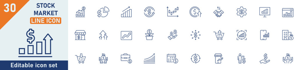 Stock Market line icon set. Set of 30 outline icons related to stock, market, investment, financial goal, bull market, bear market, trading, money and others. Editable stroke. Vector illustration.