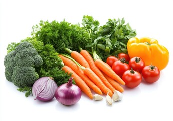 Fresh Assortment of Organic Vegetables Including Broccoli, Carrots, Tomatoes, Bell Pepper, Onions, and Herbs on White Background for Healthy Lifestyle and Nutrition