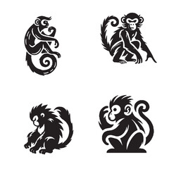 Elegant Silhouettes of the Blue Monkey Isolated on a White Background in Monochrome Art Style