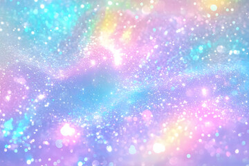 Shining glitter lights. Shimmer hologram pastel crystal texture. Unicorn or mermaid color. Retro disco concept. Rainbow holographic abstract background for design banner, poster, wallpaper
