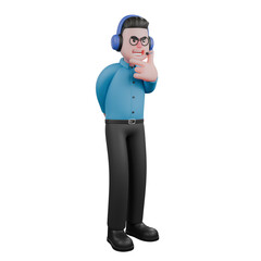 male radio announcer stands with one hand behind his back,