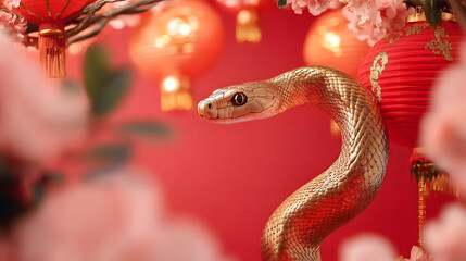 Obraz premium Beautiful golden wavy snake on red background with cherry blossom flowers and asian lanterns. Happy Chinese Lunar New Year 2025. Snake zodiac sign, horoskope. Animal character, exotic pet