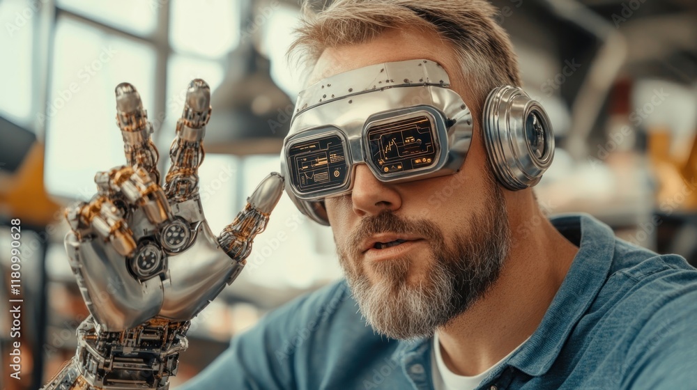 Poster futuristic man with robot hand and high-tech goggles in workshop