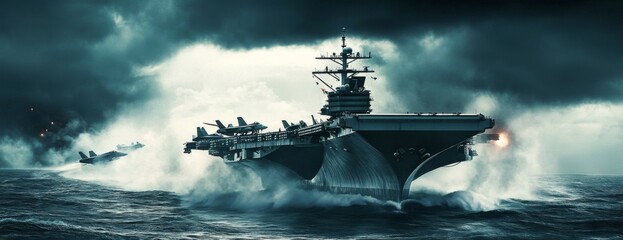 Panoramic view of a military aircraft carrier in action.