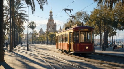 Naklejka premium A vintage tram travels along a palm-lined street near a historic building.